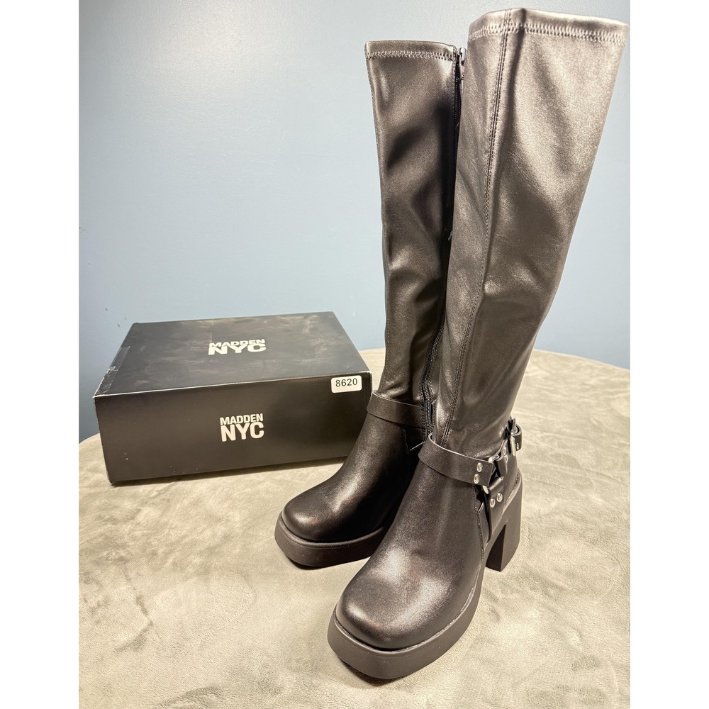Madden NYC Boots Womens Size 8 Black Platform Knee High Zip Block Heel Studded
